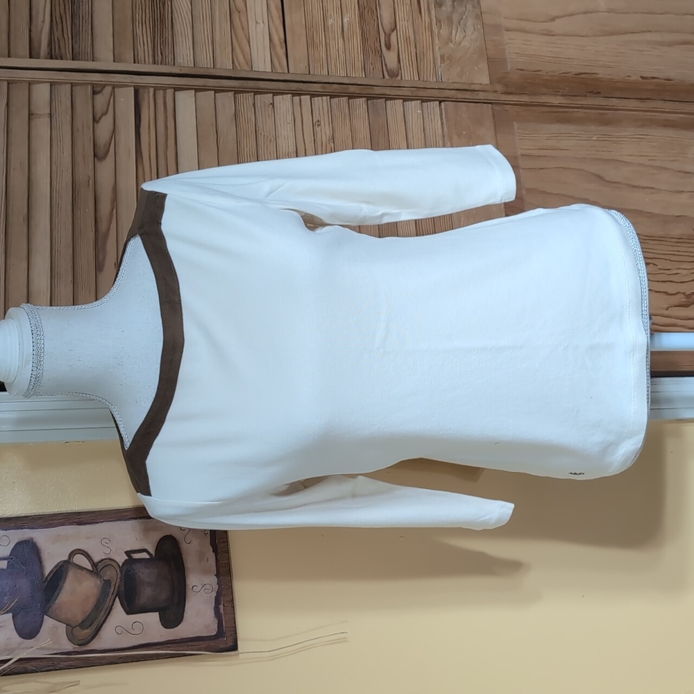 LAUREN RALPH LAUREN Cream top w/ Brown Suede Trim M